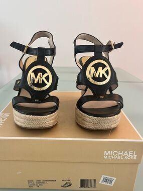Michael Kors Black and Gold MK Logo Espadrille Wedge Sandals